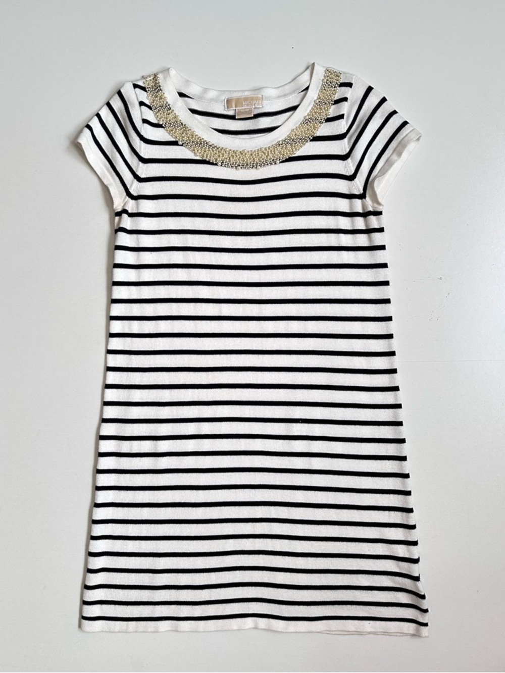 Michael Kors Knit Shirt Dress White Navy Stripe Beaded Neck Size Medium